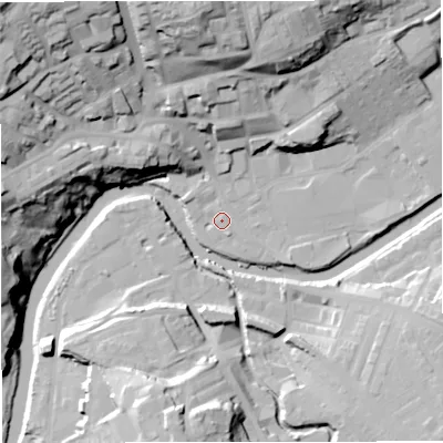 Shaded relief map of the ground around BB128BS, computed from Environment Agency LiDAR. The ground here sits at about 77 m above sea level and falls 46 m across the surrounding 800 m. Surface water reaching this point runs off ground lying to the north-west, 40.7 m higher.