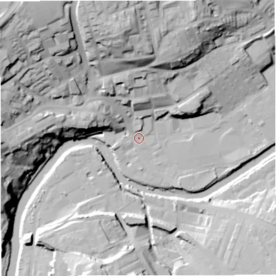 Shaded relief map of the ground around BB128BU, computed from Environment Agency LiDAR. The ground here sits at about 77 m above sea level and falls 46 m across the surrounding 800 m. Surface water reaching this point runs off ground lying to the north-west, 40.3 m higher.