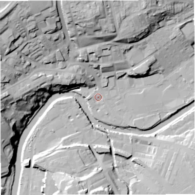 Shaded relief map of the ground around BB128BW, computed from Environment Agency LiDAR. The ground here sits at about 77 m above sea level and falls 47 m across the surrounding 800 m. Surface water reaching this point runs off ground lying to the north, 2.4 m higher.