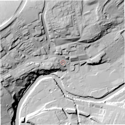 Shaded relief map of the ground around BB128BX, computed from Environment Agency LiDAR. The ground here sits at about 83 m above sea level and falls 47 m across the surrounding 800 m. Surface water reaching this point runs off ground lying to the west-north-west, 37.7 m higher.