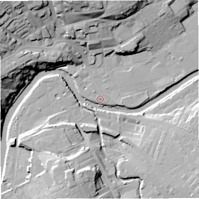 Shaded relief map of the ground around BB128BZ, computed from Environment Agency LiDAR. The ground here sits at about 77 m above sea level and falls 40 m across the surrounding 800 m. Surface water reaching this point runs off ground lying to the north-west, 34.4 m higher.