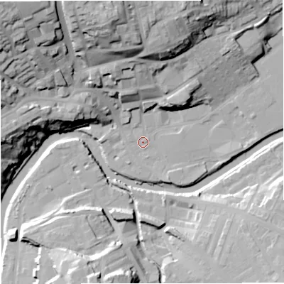 Shaded relief map of the ground around BB128DB, computed from Environment Agency LiDAR. The ground here sits at about 77 m above sea level and falls 44 m across the surrounding 800 m. Surface water reaching this point runs off ground lying to the north-west, 39.0 m higher.