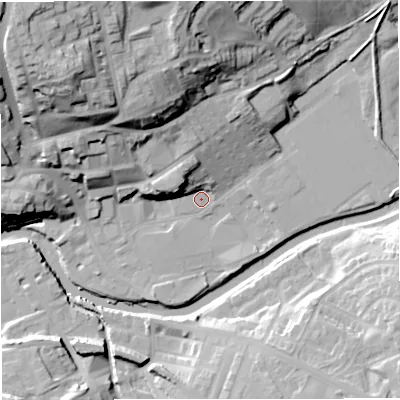 Shaded relief map of the ground around BB128DF, computed from Environment Agency LiDAR. The ground here sits at about 78 m above sea level and falls 43 m across the surrounding 800 m. Surface water reaching this point runs off ground lying to the north-north-west, 31.0 m higher.