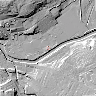 Shaded relief map of the ground around BB128DG, computed from Environment Agency LiDAR. The ground here sits at about 78 m above sea level and falls 39 m across the surrounding 800 m. Surface water reaching this point runs off ground lying to the north-east, 2.0 m higher.