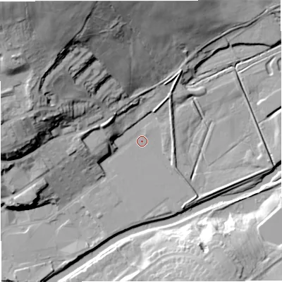 Shaded relief map of the ground around BB128DJ, computed from Environment Agency LiDAR. The ground here sits at about 78 m above sea level and falls 50 m across the surrounding 800 m. Surface water reaching this point runs off ground lying to the north-north-west, 43.1 m higher.