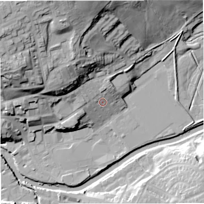 Shaded relief map of the ground around BB128DL, computed from Environment Agency LiDAR. The ground here sits at about 83 m above sea level and falls 42 m across the surrounding 800 m. Surface water reaching this point runs off ground lying to the north-north-west, 22.0 m higher.