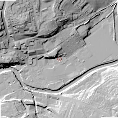 Shaded relief map of the ground around BB128DQ, computed from Environment Agency LiDAR. The ground here sits at about 78 m above sea level and falls 43 m across the surrounding 800 m. Surface water reaching this point runs off ground lying to the north-west, 10.6 m higher.