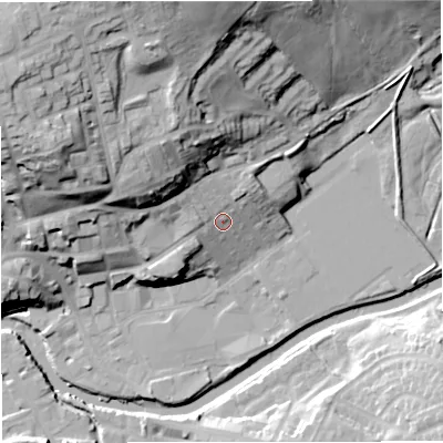 Shaded relief map of the ground around BB128DR, computed from Environment Agency LiDAR. The ground here sits at about 85 m above sea level and falls 42 m across the surrounding 800 m. Surface water reaching this point runs off ground lying to the north-north-west, 32.1 m higher.