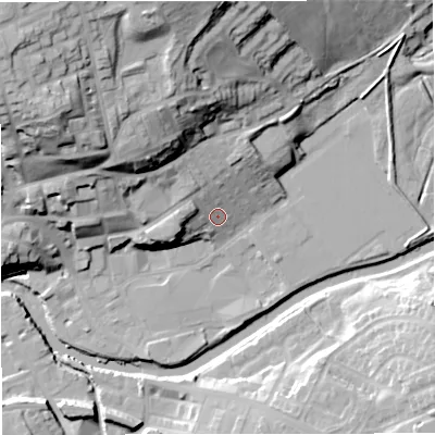 Shaded relief map of the ground around BB128DS, computed from Environment Agency LiDAR. The ground here sits at about 81 m above sea level and falls 42 m across the surrounding 800 m. Surface water reaching this point runs off ground lying to the north-north-west, 31.0 m higher.