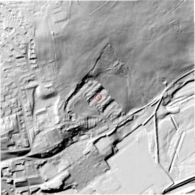Shaded relief map of the ground around BB128DX, computed from Environment Agency LiDAR. The ground here sits at about 95 m above sea level and falls 59 m across the surrounding 800 m. Surface water reaching this point runs off ground lying to the north-north-west, 28.7 m higher.