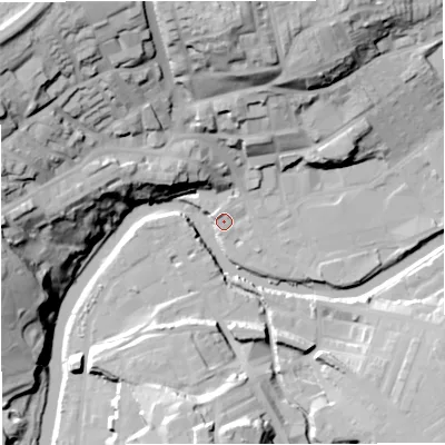 Shaded relief map of the ground around BB128EA, computed from Environment Agency LiDAR. The ground here sits at about 77 m above sea level and falls 48 m across the surrounding 800 m. Surface water reaching this point runs off ground lying to the north-north-east, 2.4 m higher.