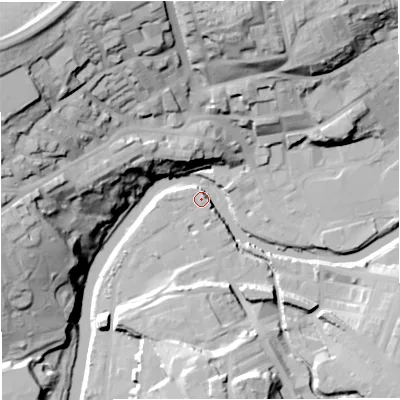 Shaded relief map of the ground around BB128EB, computed from Environment Agency LiDAR. The ground here sits at about 78 m above sea level and falls 50 m across the surrounding 800 m. Surface water reaching this point runs off ground lying to the north-west, 47.9 m higher.