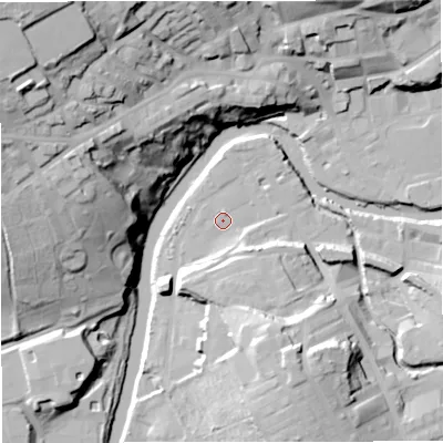 Shaded relief map of the ground around BB128ED, computed from Environment Agency LiDAR. The ground here sits at about 76 m above sea level and falls 51 m across the surrounding 800 m. Surface water reaching this point runs off ground lying to the south-east, 7.8 m higher.