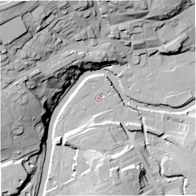 Shaded relief map of the ground around BB128EE, computed from Environment Agency LiDAR. The ground here sits at about 77 m above sea level and falls 50 m across the surrounding 800 m. Surface water reaching this point runs off ground lying to the north-east, 2.5 m higher.