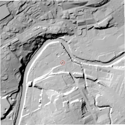 Shaded relief map of the ground around BB128EF, computed from Environment Agency LiDAR. The ground here sits at about 77 m above sea level and falls 48 m across the surrounding 800 m. Surface water reaching this point runs off ground lying to the south-south-west, 7.1 m higher.