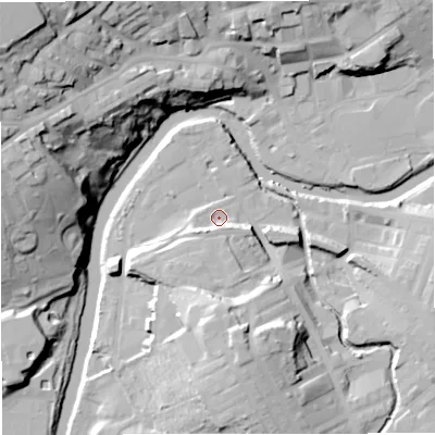 Shaded relief map of the ground around BB128EG, computed from Environment Agency LiDAR. The ground here sits at about 78 m above sea level and falls 45 m across the surrounding 800 m. Surface water reaching this point runs off ground lying to the south-west, 6.0 m higher.