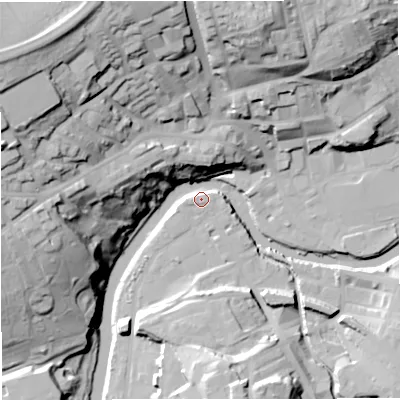 Shaded relief map of the ground around BB128EN, computed from Environment Agency LiDAR. The ground here sits at about 78 m above sea level and falls 50 m across the surrounding 800 m. Surface water reaching this point runs off ground lying to the north-west, 49.0 m higher.