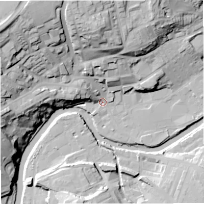 Shaded relief map of the ground around BB128EU, computed from Environment Agency LiDAR. The ground here sits at about 77 m above sea level and falls 47 m across the surrounding 800 m. Surface water reaching this point runs off ground lying to the north-west, 40.9 m higher.