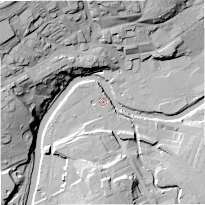 Shaded relief map of the ground around BB128EW, computed from Environment Agency LiDAR. The ground here sits at about 77 m above sea level and falls 49 m across the surrounding 800 m. Surface water reaching this point runs off ground lying to the north, 1.7 m higher.