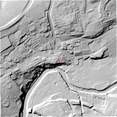 Shaded relief map of the ground around BB128EX, computed from Environment Agency LiDAR. The ground here sits at about 89 m above sea level and falls 49 m across the surrounding 800 m. Surface water reaching this point runs off ground lying to the west, 3.1 m higher.