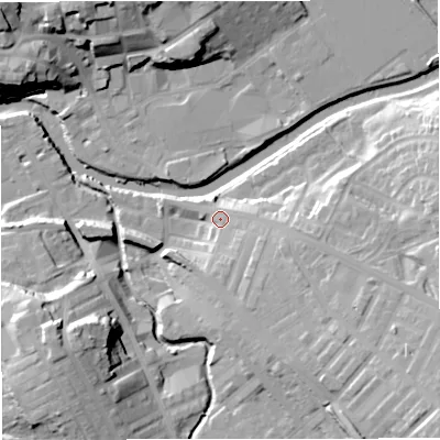 Shaded relief map of the ground around BB128QN, computed from Environment Agency LiDAR. The ground here sits at about 81 m above sea level and falls 25 m across the surrounding 800 m. Surface water reaching this point runs off ground lying to the south-east, 17.6 m higher.