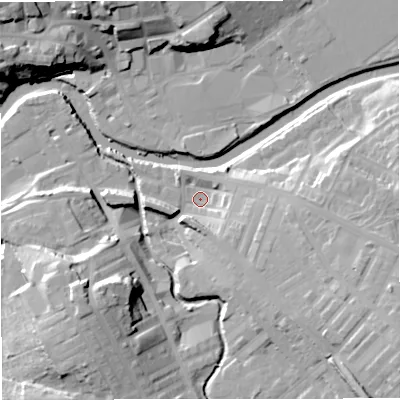 Shaded relief map of the ground around BB128QP, computed from Environment Agency LiDAR. The ground here sits at about 77 m above sea level and falls 24 m across the surrounding 800 m. Surface water reaching this point runs off ground lying to the east-south-east, 15.8 m higher.