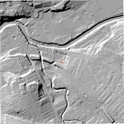 Shaded relief map of the ground around BB128QR, computed from Environment Agency LiDAR. The ground here sits at about 79 m above sea level and falls 24 m across the surrounding 800 m. Surface water reaching this point runs off ground lying to the east-south-east, 14.9 m higher.
