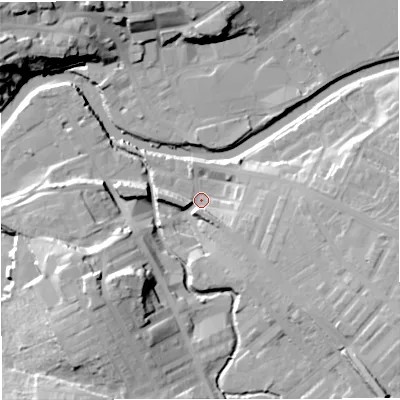 Shaded relief map of the ground around BB128QW, computed from Environment Agency LiDAR. The ground here sits at about 77 m above sea level and falls 24 m across the surrounding 800 m. Surface water reaching this point runs off ground lying to the east-south-east, 15.8 m higher.