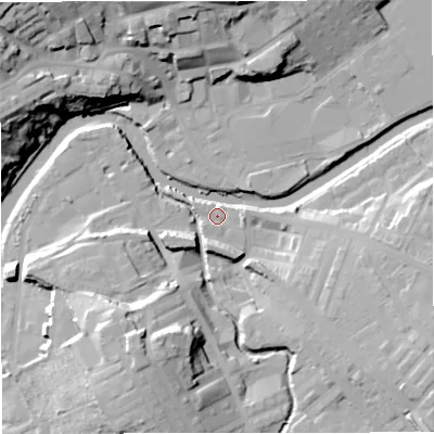 Shaded relief map of the ground around BB128RS, computed from Environment Agency LiDAR. The ground here sits at about 77 m above sea level and falls 32 m across the surrounding 800 m. Surface water reaching this point runs off ground lying to the east, 15.2 m higher.
