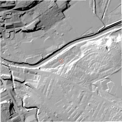 Shaded relief map of the ground around BB128RT, computed from Environment Agency LiDAR. The ground here sits at about 79 m above sea level and falls 34 m across the surrounding 800 m. Surface water reaching this point runs off ground lying to the south-south-east, 9.6 m higher.