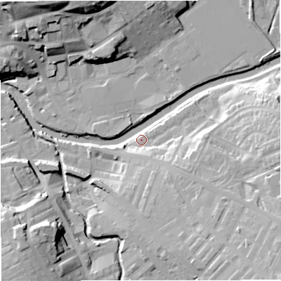 Shaded relief map of the ground around BB128RU, computed from Environment Agency LiDAR. The ground here sits at about 79 m above sea level and falls 30 m across the surrounding 800 m. Surface water reaching this point runs off ground lying to the east-south-east, 19.7 m higher.