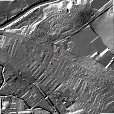 Shaded relief map of the ground around BB128SJ, computed from Environment Agency LiDAR. The ground here sits at about 92 m above sea level and falls 36 m across the surrounding 800 m. Surface water reaching this point runs off ground lying to the south-east, 19.0 m higher.
