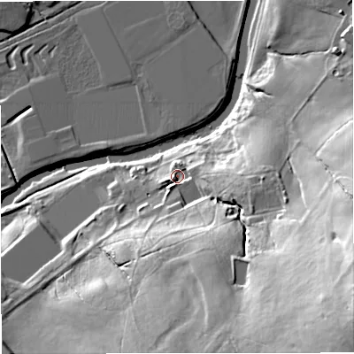 Shaded relief map of the ground around BB128UA, computed from Environment Agency LiDAR. The ground here sits at about 84 m above sea level and falls 58 m across the surrounding 800 m. Surface water reaching this point runs off ground lying to the south-east, 48.7 m higher.