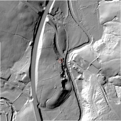 Shaded relief map of the ground around BB129DP, computed from Environment Agency LiDAR. The ground here sits at about 103 m above sea level and falls 43 m across the surrounding 800 m. Surface water reaching this point runs off ground lying to the west-north-west, 14.8 m higher.