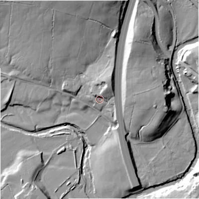 Shaded relief map of the ground around BB129DR, computed from Environment Agency LiDAR. The ground here sits at about 100 m above sea level and falls 33 m across the surrounding 800 m. Surface water reaching this point runs off ground lying to the north-north-east, 8.8 m higher.