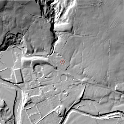 Shaded relief map of the ground around BB129DS, computed from Environment Agency LiDAR. The ground here sits at about 96 m above sea level and falls 50 m across the surrounding 800 m. Surface water reaching this point runs off ground lying to the north-north-east, 15.1 m higher.