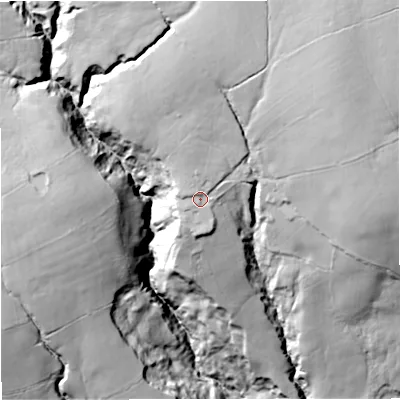 Shaded relief map of the ground around BB129DT, computed from Environment Agency LiDAR. The ground here sits at about 150 m above sea level and falls 79 m across the surrounding 800 m. Surface water reaching this point runs off ground lying to the north-north-west, 4.4 m higher.