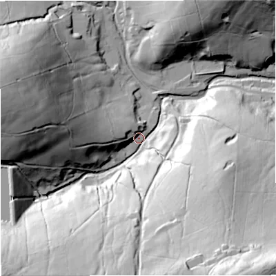 Shaded relief map of the ground around BB129JU, computed from Environment Agency LiDAR. The ground here sits at about 222 m above sea level and falls 100 m across the surrounding 800 m. Surface water reaching this point runs off ground lying to the south-west, 72.7 m higher.