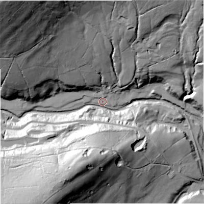 Shaded relief map of the ground around BB129NA, computed from Environment Agency LiDAR. The ground here sits at about 201 m above sea level and falls 103 m across the surrounding 800 m. Surface water reaching this point runs off ground lying to the north-west, 92.8 m higher.