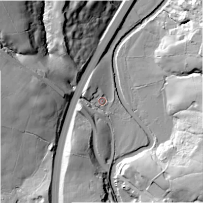 Shaded relief map of the ground around BB129NR, computed from Environment Agency LiDAR. The ground here sits at about 100 m above sea level and falls 49 m across the surrounding 800 m. Surface water reaching this point runs off ground lying to the west, 26.1 m higher.