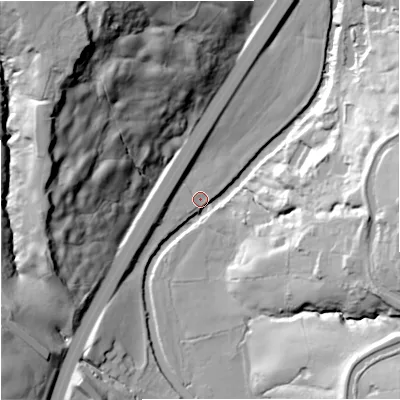 Shaded relief map of the ground around BB129NS, computed from Environment Agency LiDAR. The ground here sits at about 99 m above sea level and falls 62 m across the surrounding 800 m. Surface water reaching this point runs off ground lying to the north-north-west, 59.9 m higher.