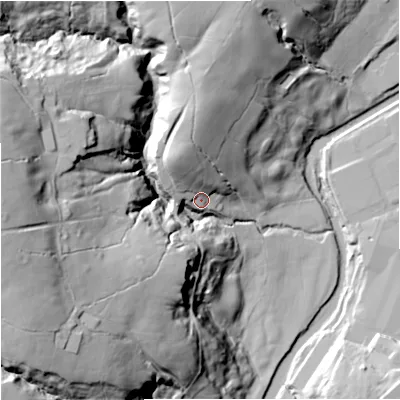 Shaded relief map of the ground around BB129NT, computed from Environment Agency LiDAR. The ground here sits at about 121 m above sea level and falls 73 m across the surrounding 800 m. Surface water reaching this point runs off ground lying to the north-north-west, 19.7 m higher.