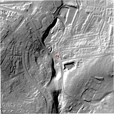 Shaded relief map of the ground around BB12EA, computed from Environment Agency LiDAR. The ground here sits at about 151 m above sea level and falls 42 m across the surrounding 800 m. Surface water reaching this point runs off ground lying to the east-south-east, 34.9 m higher.
