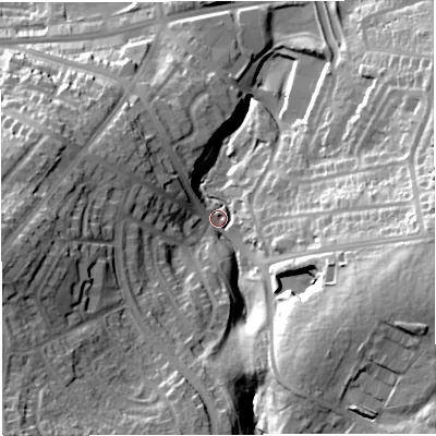 Shaded relief map of the ground around BB12EB, computed from Environment Agency LiDAR. The ground here sits at about 149 m above sea level and falls 43 m across the surrounding 800 m. Surface water reaching this point runs off ground lying to the east-south-east, 33.8 m higher.