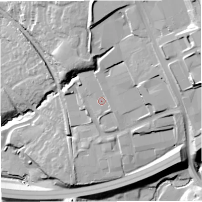 Shaded relief map of the ground around BB12LU, computed from Environment Agency LiDAR. The ground here sits at about 147 m above sea level and falls 51 m across the surrounding 800 m. Surface water reaching this point runs off ground lying to the north, 1.7 m higher.