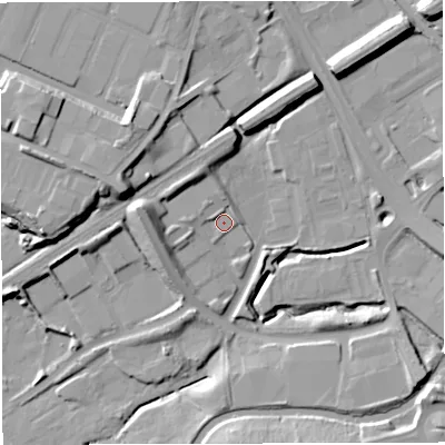Shaded relief map of the ground around BB13AB, computed from Environment Agency LiDAR. The ground here sits at about 128 m above sea level and falls 18 m across the surrounding 800 m. Surface water reaching this point runs off ground lying to the west, 2.5 m higher.