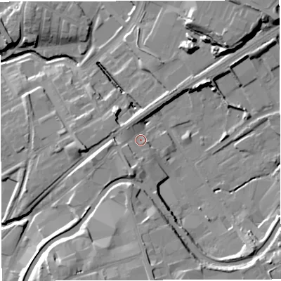 Shaded relief map of the ground around BB13BW, computed from Environment Agency LiDAR. The ground here sits at about 124 m above sea level and falls 24 m across the surrounding 800 m. Surface water reaching this point runs off ground lying to the south-south-west, 6.9 m higher.
