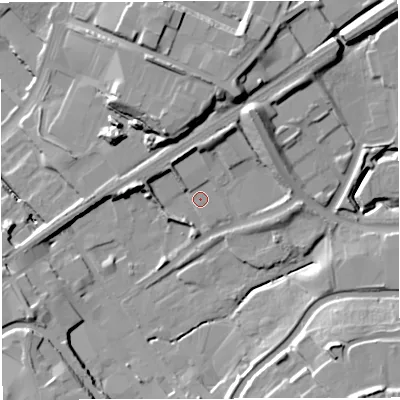 Shaded relief map of the ground around BB13EA, computed from Environment Agency LiDAR. The ground here sits at about 125 m above sea level and falls 24 m across the surrounding 800 m. Surface water reaching this point runs off ground lying to the north-north-west, 5.7 m higher.
