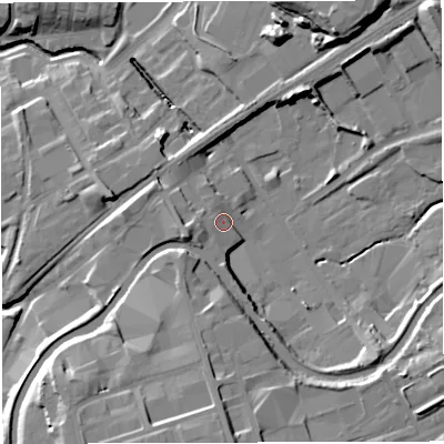 Shaded relief map of the ground around BB13EE, computed from Environment Agency LiDAR. The ground here sits at about 125 m above sea level and falls 24 m across the surrounding 800 m. Surface water reaching this point runs off ground lying to the west-south-west, 7.9 m higher.