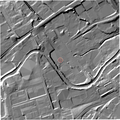 Shaded relief map of the ground around BB13ES, computed from Environment Agency LiDAR. The ground here sits at about 123 m above sea level and falls 25 m across the surrounding 800 m. Surface water reaching this point runs off ground lying to the south, 18.2 m higher.